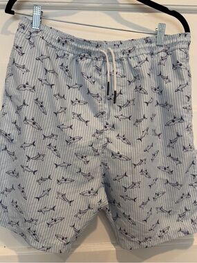 Sovereign Code Pale Blue Striped Shorts with Navy Shark Print